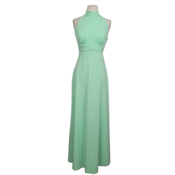 Vtg 1970s Pastel Mint Green Halter Maxi Gown Dress Sz Small Nylon Zipper Wedding - Picture 1 of 8